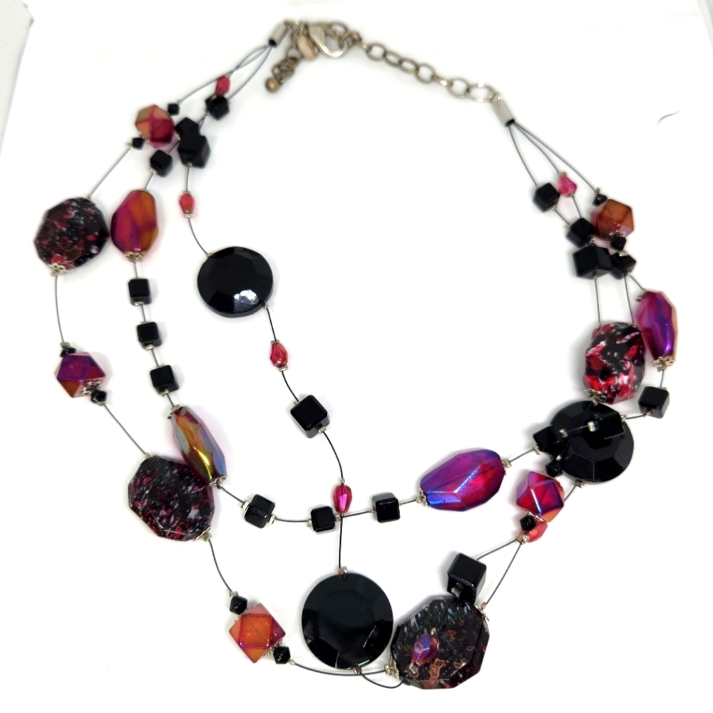 CHICOS Purple Black Beaded Multi-Strand Wire Cluster Statement Necklace Signed
